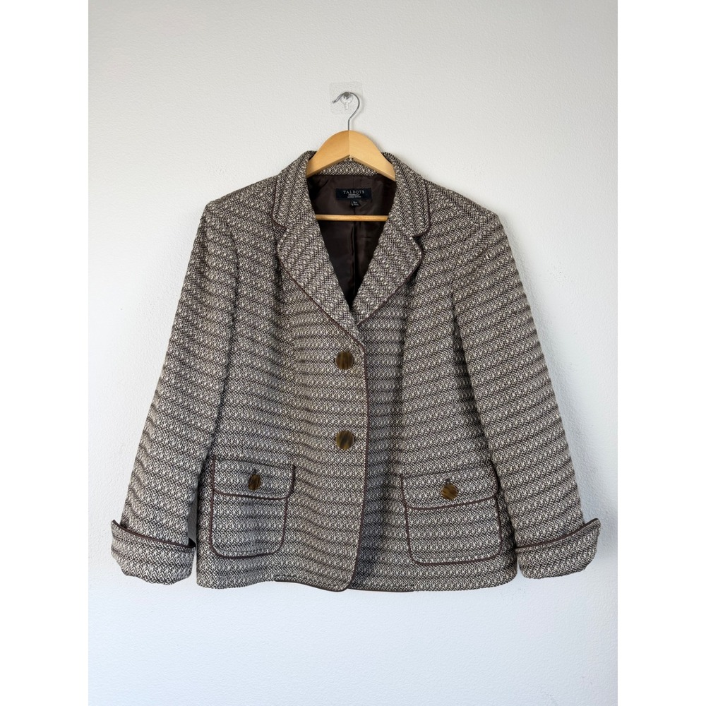 Talbots Wool Blend Blazer Jacket 18W Petites Brown Tweed Chevron Career Office